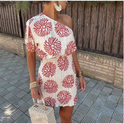 2024 One Shoulder Print Dress for Women Short Sleeve Bodycon Dresses Fashion Elegant Diagonal Collar Print Pleated Streetwear