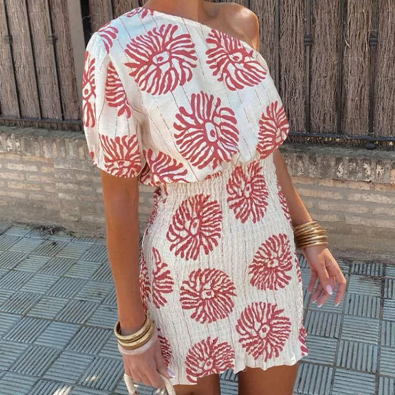 2024 One Shoulder Print Dress for Women Short Sleeve Bodycon Dresses Fashion Elegant Diagonal Collar Print Pleated Streetwear